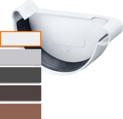 A white gutter end piece with a black rubber seal, shown from a close-up angle. Color swatches are displayed to the left of the product.