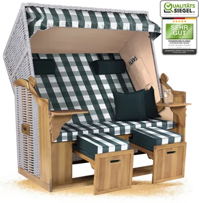 Produktbild von Strandkorb Ostsee 2,5-Sitzer 150cm breit in Beige Grün Weiß Kariert Montiert ideal für Balkon, Terrasse oder Garten