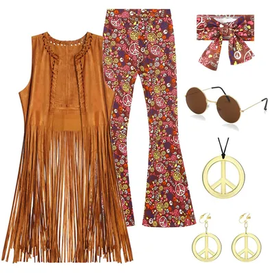 Produktbild von ATOWORLD 70er Jahre Verkleidung Frauen Disco Outfit Hippie Kostüm Frauen Fransen Weste Ausgestellte Hose 70er Jahre Accessoires Damen Kostüm Hippie Kleidung 70er 60er (M)