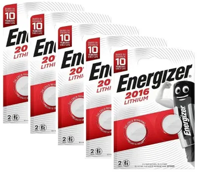 Zdjęcie produktu dla Baterie litowe Energizer CR2016, 3 V, zestaw zawierający 5 blistrów, każdy z 2 bateriami (łącznie 10 baterii)