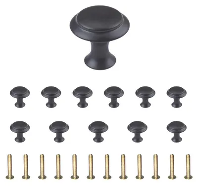Image de 12 boutons de meuble ronds, noirs et mats, poignées en acier inoxydable à un trou avec vis, poignées de tiroir de 27 mm pour tiroirs, armoires, meubles, meubles de cuisine et penderies.