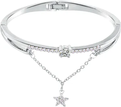 Produktbild von Armband mit fünfzackigem Stern-Anhänger, glänzende Strasssteine, eingelegter Damen-Armreif, Schmuck für Party-Silber
