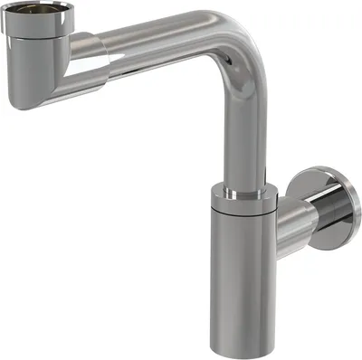A chrome-plated siphon for a sink, mounted on a white background.