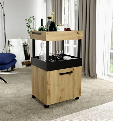 Zdjęcie produktu dla Servierwagen >Home Bar< auf Rollen, in Artisan Eiche Dekor / Schwarz - 50,2x88,5x41cm (BxHxT)
