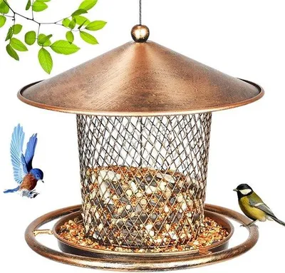Produktbild von Futterhaus zum Aufhängen, aus Metall und wetterbeständig, für Wildvögel. Hängendes Vogelhaus mit überdachter Futterstelle