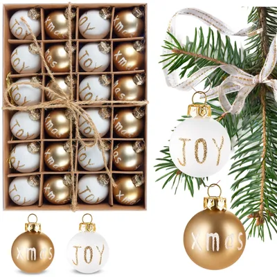 Immagine prodotto di Set di 24 baubles natalizi Joy & Xmas - mini baubles natalizi da 3 cm - decorazioni per l'albero di Natale dipinte a mano - baubles infrangibili, oro e bianco