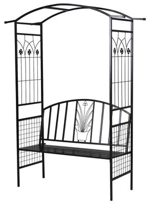 Produktbild von Pflanzbogen Mit Bank Sitzbank Torbogen Rankgitter Rankhilfe Garten Bogendach Metall Schwarz 154 X 60 X 205 Cm