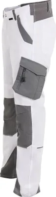A pair of white and gray work pants shown from the side.