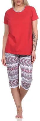 Produktbild von Damen kurzarm Schlafanzug Pyjama mit Caprihose im Ethnolook ; rot , 36-38