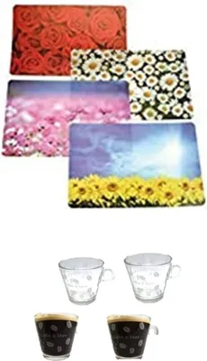 Produktbild von 4er Set Tischsets abwaschbar und 4 Glasbecher mit Henkel, 200ml, H 8,5cm, Ø 9,3cm für Kaffee, Tee, Latte Macchiato