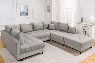 Produktbild von riess-ambiente Moderne XXL Wohnlandschaft KENT 305cm greige Cord inkl. Hocker Federkern Sofa Couch Bigsofa