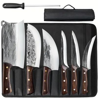 Immagine prodotto di Set di 7 coltelli da cucina: coltello da chef, coltello da macellaio, coltello da disosso, coltello da filettare, coltello da taglio, acciaio inossidabile antiruggine