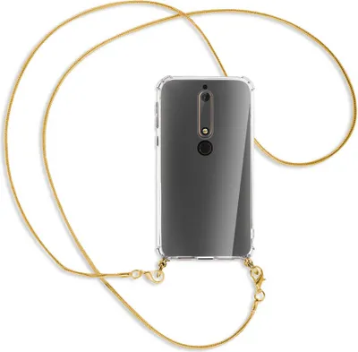 Produktbild von Handykette Backcover-Schutzhülle mit Band (Metall goldfarben) für Nokia 6.1 - goldfarbene Kette Snake
