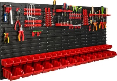 Produktbild von Lagersystem Werkstattregal | 172 x 78 cm | 36 stck. Box | Wandregal mit Werkzeughalterungen und Stapelboxen - Wandplatten Extra Starke Schüttenregal Warkzeuglochwand Lagerregal Garage Regal