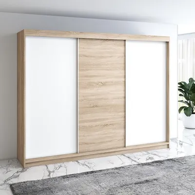 Produktbild von Schwebetürenschrank, 3-türig Schrank mit 4 Schubladen! Moderne Garderobe für Kleidung. Verschiedene Farben (Weiß, Schwarz, Somona) Kleiderschrank  MERO 200 cm