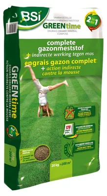 Produktbild von BSI Rasendünger 20kg für 200m² - Green Time 2-in-1 mit indirekter Wirkung gegen Moos - Indirekte Wirkung gegen Moos - Tiefgrüne Farbe - Staubfreies Korn