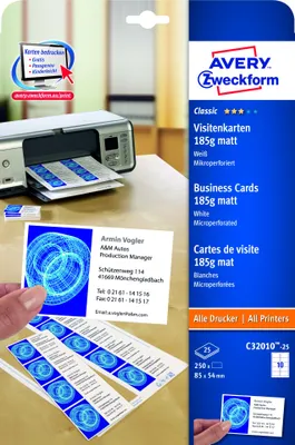 Produktbild von Avery Zweckform C32010-25 Classic Visitenkarten, 85 x 54 mm, beidseitig beschichtet - matt, 25 Blatt