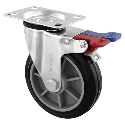 Productafbeelding van WAGNER 2-in-1 innovatieve zwenkrol met dubbele rem, diameter 125 mm, rollager, verzinkt staal, zwart, draagvermogen 100 kg - 04252501