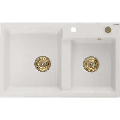 Zdjęcie produktu dla Mexen Tomas zlewozmywak granitowy 2-komorowy 800 x 500 mm, biały, syfon złoty - 6516802000-20-G