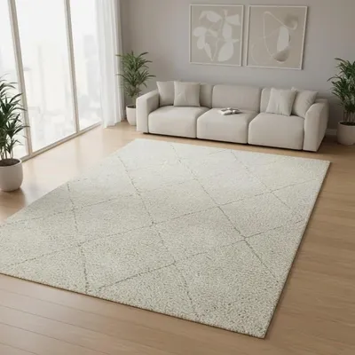 Produktbild von TapisTrend Zotteliger Teppich Creme 120x170 cm Hochfloriger mit großem Rautenmuster für Wohnzimmer, Schlafzimmer und Entspannungsbereich