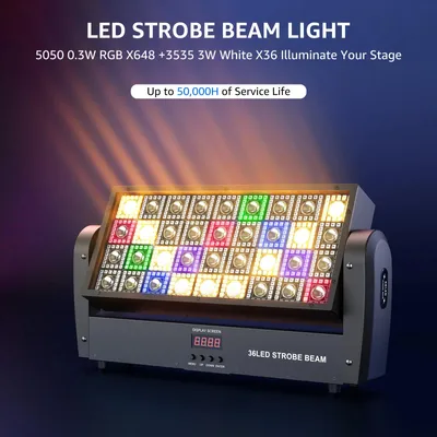 Produktbild von LED-Stroboskoplicht - DMX-Bühnenlicht - 200 W - 648 RGB-LEDs + 36 warmweiße LEDs - DMX512 - Soundsteuerung - EU-Stecker - Schwarz