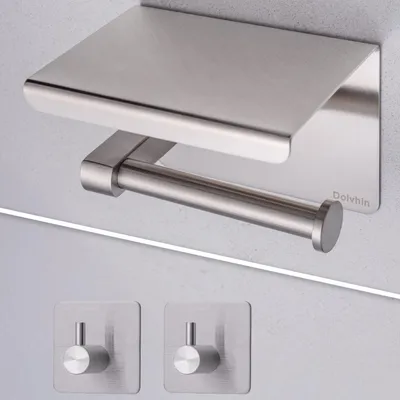 Produktbild von Dolvhin Toilettenpapierhalter ohne Bohren & 2 Handtuchhaken | Klopapierhalter mit Ablage | Klorollenhalter selbstklebend Edelstahl | Silber Grau