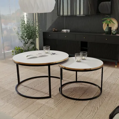 Produktbild von Idohome - Runder Couchtisch 2in1 LAVO mit Metalgestell, 70x48 cm+50x42 cm (Ø x H) Farbe: Schwarz / Weiß Hochglanz + Gold