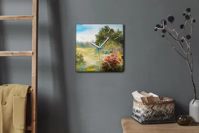 Produktbild von Coloray Hodiny Unikátní 30x30 cm  Tiché hodiny Pro obývací pokoj a kuchyň Nástěnné hodiny Plátno Bílé ručičky hodin - Květiny lesní krajiny