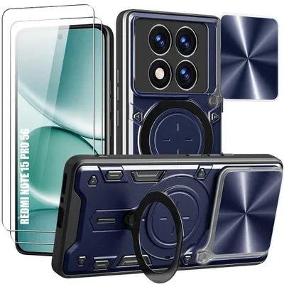 Image de Coque + 2 Verres Trempés pour Xiaomi Redmi Note 15 Pro 5G, avec Anneau Rotatif - Bleu Marine