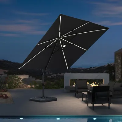 Produktbild von PURPLE LEAF Sonnenschirm 300 x 300 cm, Aluminium Ampelschirm mit Solar LED Beleuchtung, Gartenschirm mit Kurbel, Grau