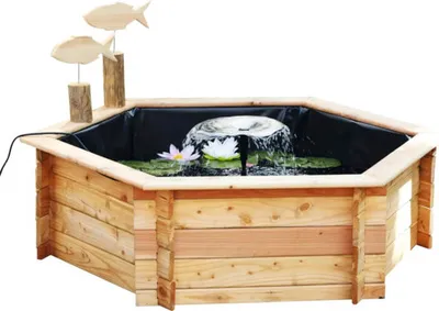 Produktbild von Hochteich promadino Miniteich 6eck-Hochteich mit Solarpumpe,natur, Lärche mit Teichfolie 145 x 128 x 41 cm