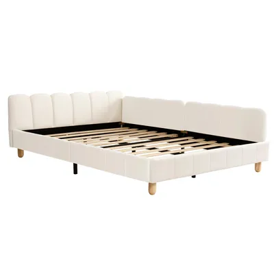 Produktbild von Flieks Kinderbett 140x190cm mit Rausfallschutz, Polsterbett mit Verstellbaren Armlehnen, Doppelbett Holzbett mit Holzbeinen, Samt, Beige