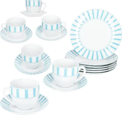 Produktbild von 18tlg Kaffeeservice Split türkis Streifen Porzellan Tasse Untertasse Teller gestreift