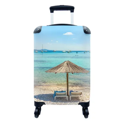 Produktbild von MuchoWow® Koffer Handgepäck Trolley Rollkoffer Kleine Reisekoffer mit 4 Rollen - Boot - Strand - Sonnenschirm - Cabin Size < 55x40x23 cm & 55x40x20 cm - Fotokoffer - Kabinenkoffer - Boardgepäck - Reise-Box - Reisekoffer - Reisegepäck - Koffer mit Bild - Trolley für Kinder