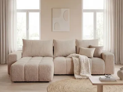 Produktbild von GrainGold Ecksofa L-Form Bresso - Ecksofa mit Schlaffunktion, Bettkasten - Moderne Ecksofa, Wohnzimmer Sofa - Eckcouch mit Bouclé-Stoff - Beige