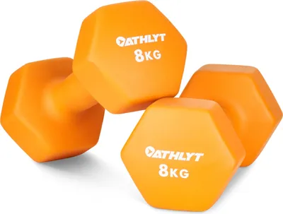 Obrázok produktu pre Sada činkových kotúčov, 2 kusy po 8 kg, neoprénové, oranžovej farby, určená na posilňovanie