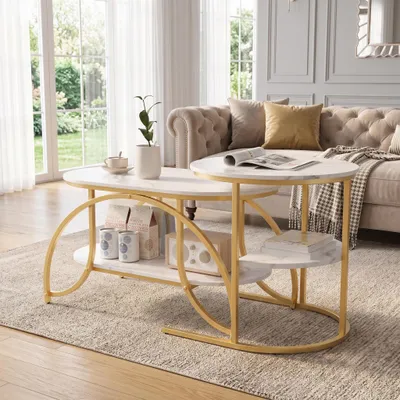 Imagen del producto de INONEFT, juego de 2 mesas auxiliares, mesas de centro modernas para sala de estar con espacio de almacenamiento y estructura de metal, mesa auxiliar ovalada para sala de estar, dormitorio, color dorado