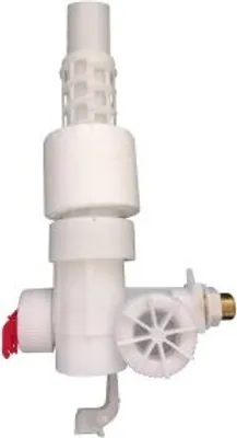 A white plastic toilet fill valve with a red lever and brass fitting.