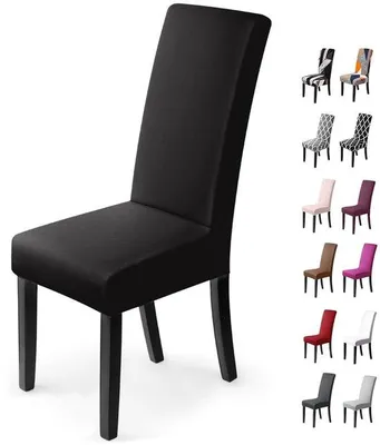 Obrázek produktu pro Sada elastických potahů na židle Unyqoos®, černá barva – mikrovlákno (95 % polyester, 5 % Elastan), vhodná pro jídelní židle s opěradlem 45–60 cm a sedákem 38–50 cm, lze prát při 40 °C