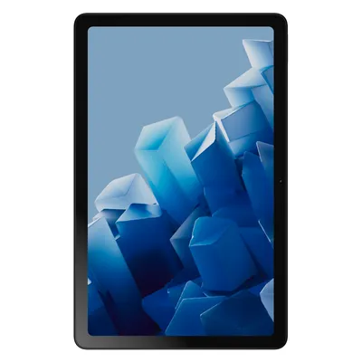A tablet with a blue abstract wallpaper displayed on its screen.