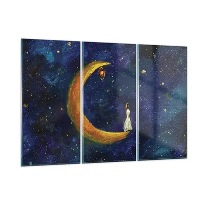 Produktbild von Bilder auf glas - 3 Teile - Mädchen auf der Mond - 105x70cm - Glasbilder - Wandbilder - Bilder - zum Aufhängen bereit - Wanddekoration aus Glas - Glas Bilder - Wandbild auf Glas - GCE105x70-4575