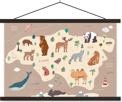 Produktbild von MuchoWow® Textilposter Weltkarte - Braun - Tiere - Jungen - Mädchen 60x40 cm mit schwarzem Rahmen - Hölzernes