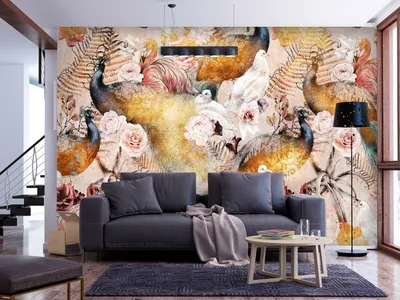 Produktbild von Vlies Fototapete Blumen 300x210 cm Tapeten Wandtapete XXL Pfau Tier Farn Vintage Retro bunt g-C-0355-a-a