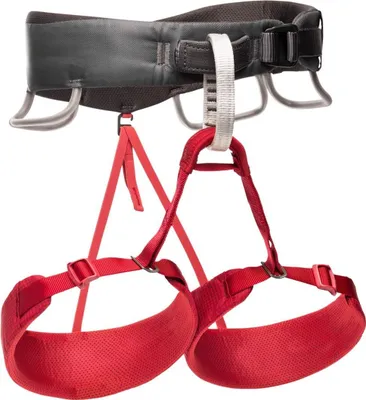 Klettergurt "Women"s Momentum Harness" von Black Diamond in Schwarz mit roten Beinschlaufen.