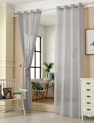Produktbild von WOLTU 2er Set Gardinen transparent mit Ösen Leinenoptik Vorhang Ösenschal Halbtransparent Stores Voile Fensterschal Deko Leinenvorhang für Wohnzimmer Kinderzimmer Schlafzimmer, 140x245 cm Hellgrau