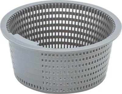 A gray plastic pool filter basket is shown against a white background.