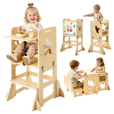 Immagine prodotto di SucceBuy: Scala educativa per bambini dai 1 ai 5 anni, in legno, 6-in-1, set tavolo e sedia Montessori, poggiapiedi per bambini, scala educativa Montessori con lavagna e vassoio, adatta per il bagno e il piano di lavoro della cucina