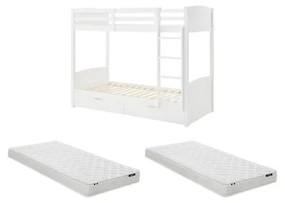 Produktbild von Etagenbett 2 x 90 x 200 cm - 2 Schubladen - Kiefernholz und MDF - Weiß + Matratze - LIMODARA