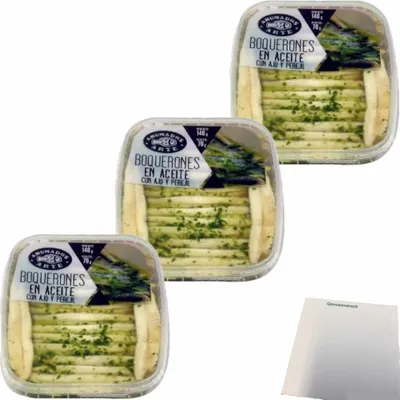 Produktbild von Ahumados Arte Sardellenfilet in Öl, Knoblauch und Petersilie 3er Pack (3x140g Schale) + usy Block