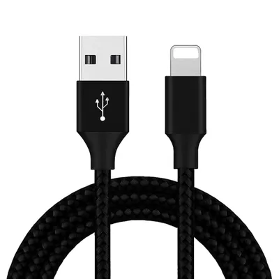 A black USB-A to Lightning charging cable is shown against a white background.